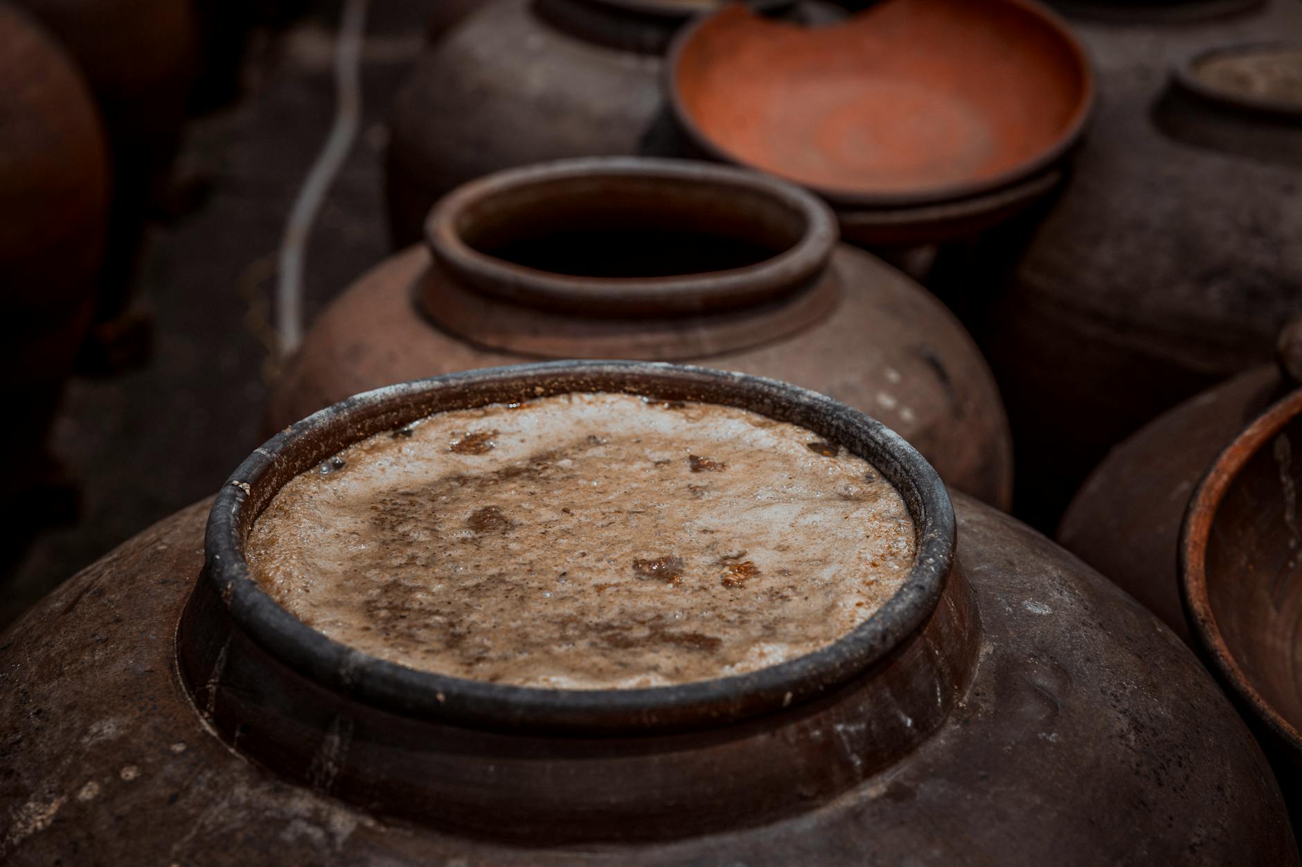 Rustykalne ceramiczne naczynia z fermentującym zakwasem zbożowym